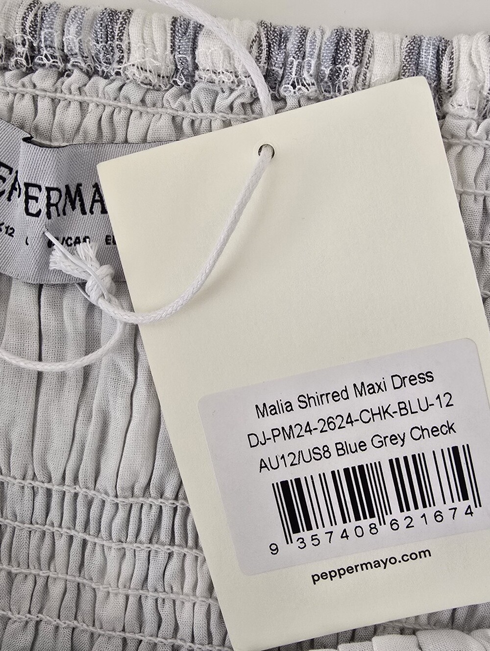 Peppermayo Malia Shirred Maxi Dress Blue Grey Check Plaid 8 Smocked Ruffles - Picture 13 of 14
